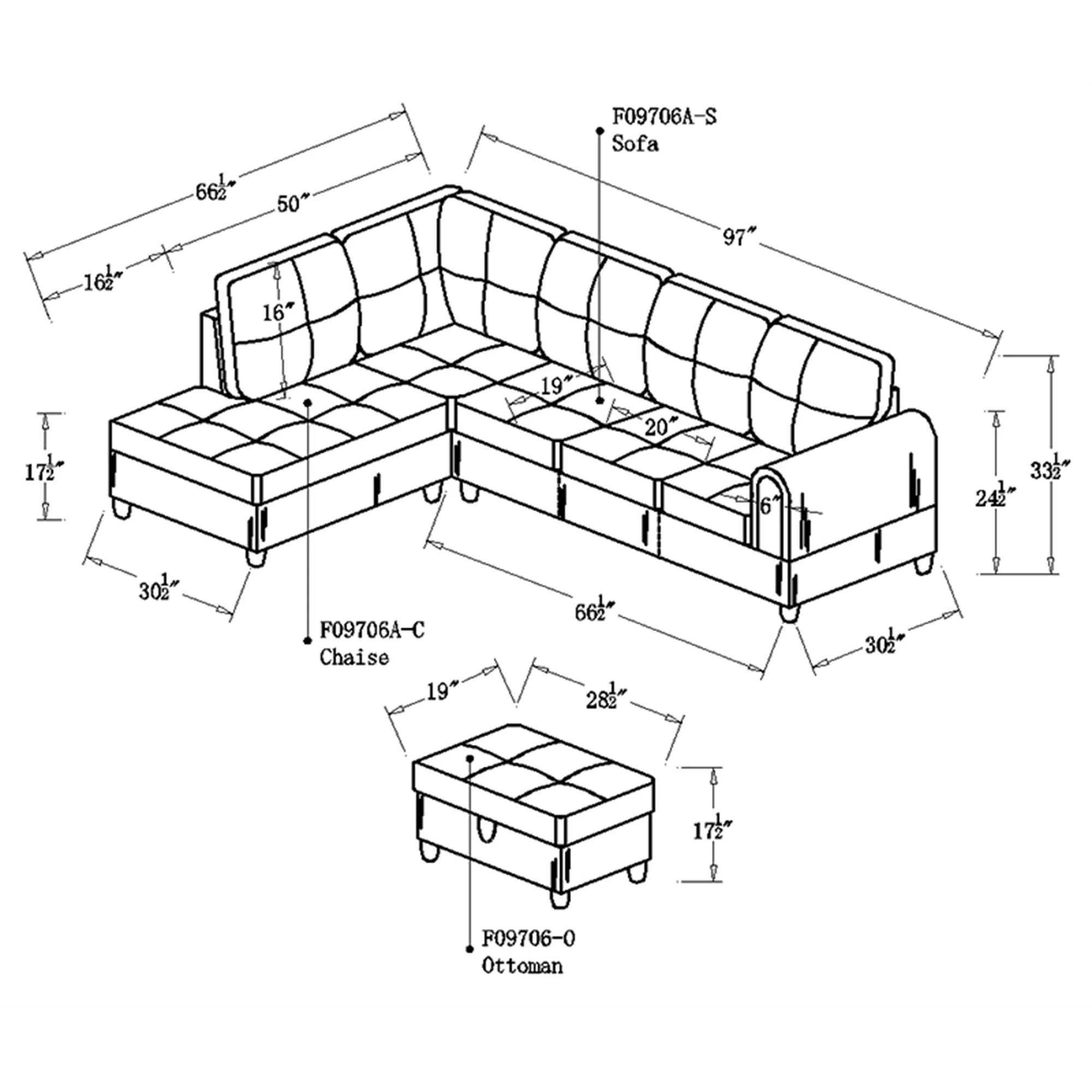 3 Piece L-Shape Sectional Sofa Couch 