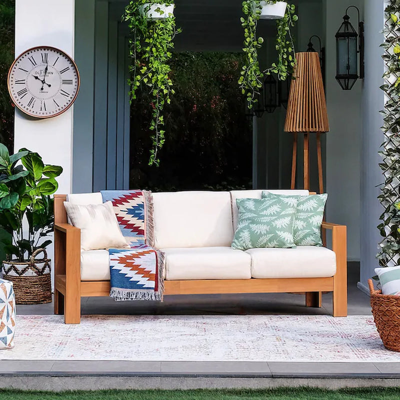 Logan Outdoor Sofa with Tan Cushions and Teak Frame