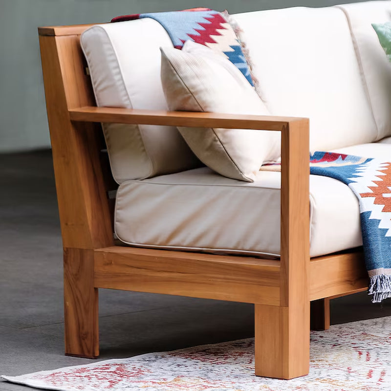 Logan Outdoor Sofa with Tan Cushions and Teak Frame