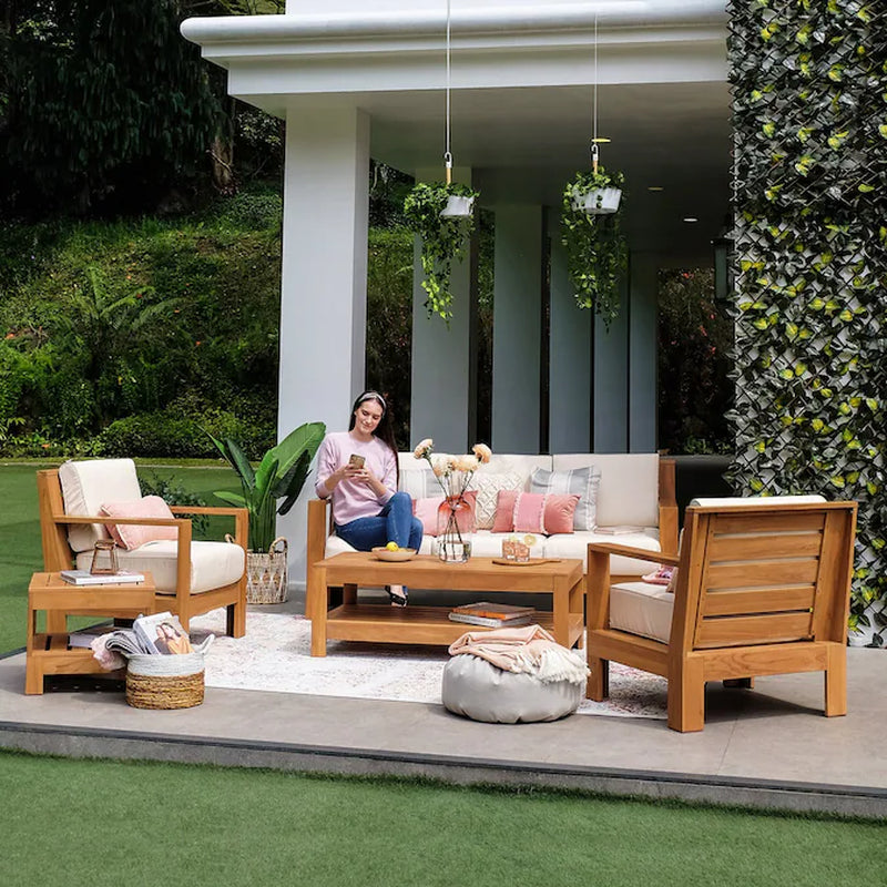 Logan Outdoor Sofa with Tan Cushions and Teak Frame